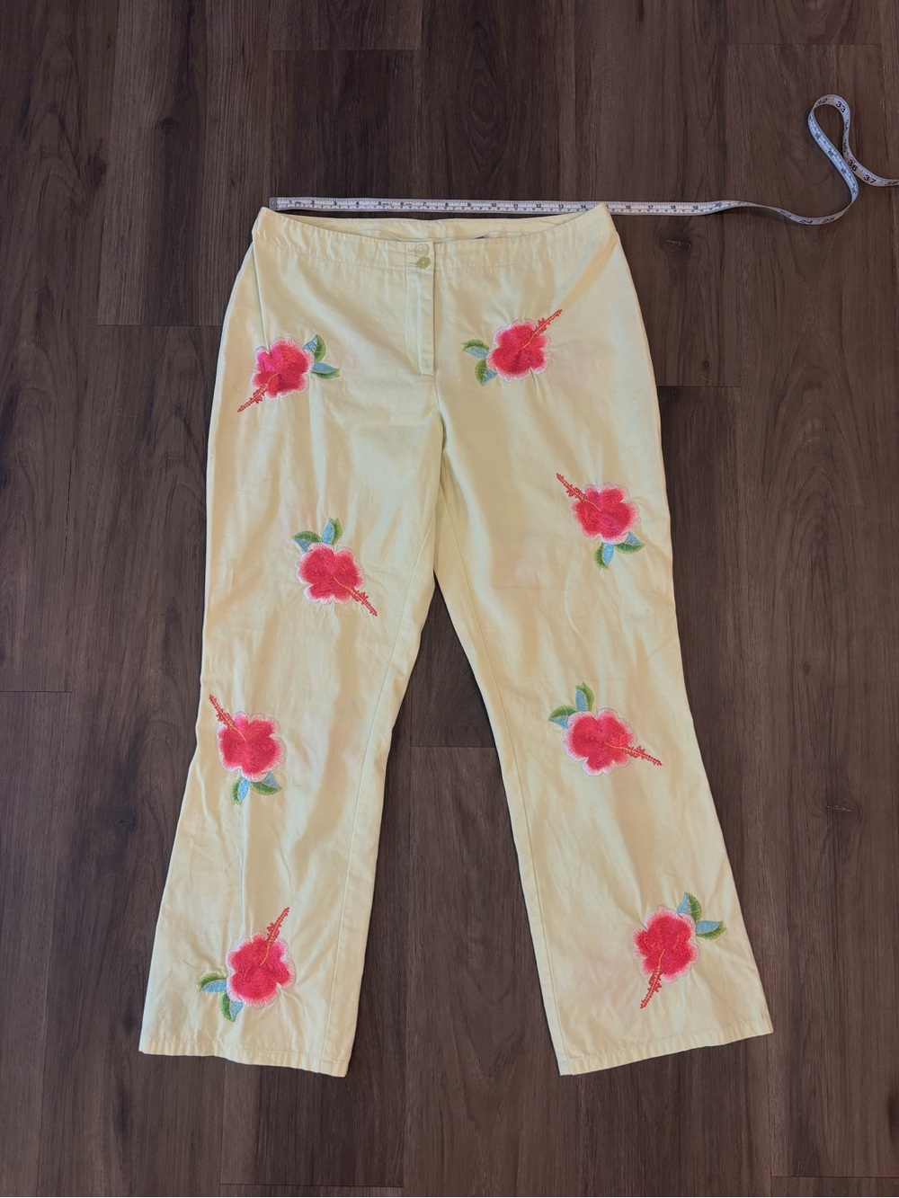 C.J. Laing Embroidered Floral Yellow Cotton Pants